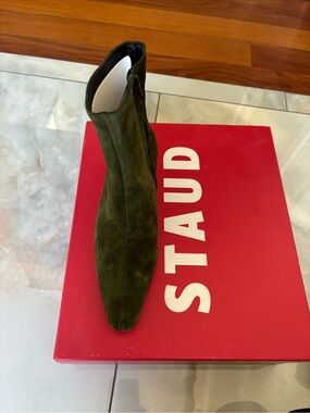 Staud Olive Green Wally Suede Pointed Toe Ankle Boot